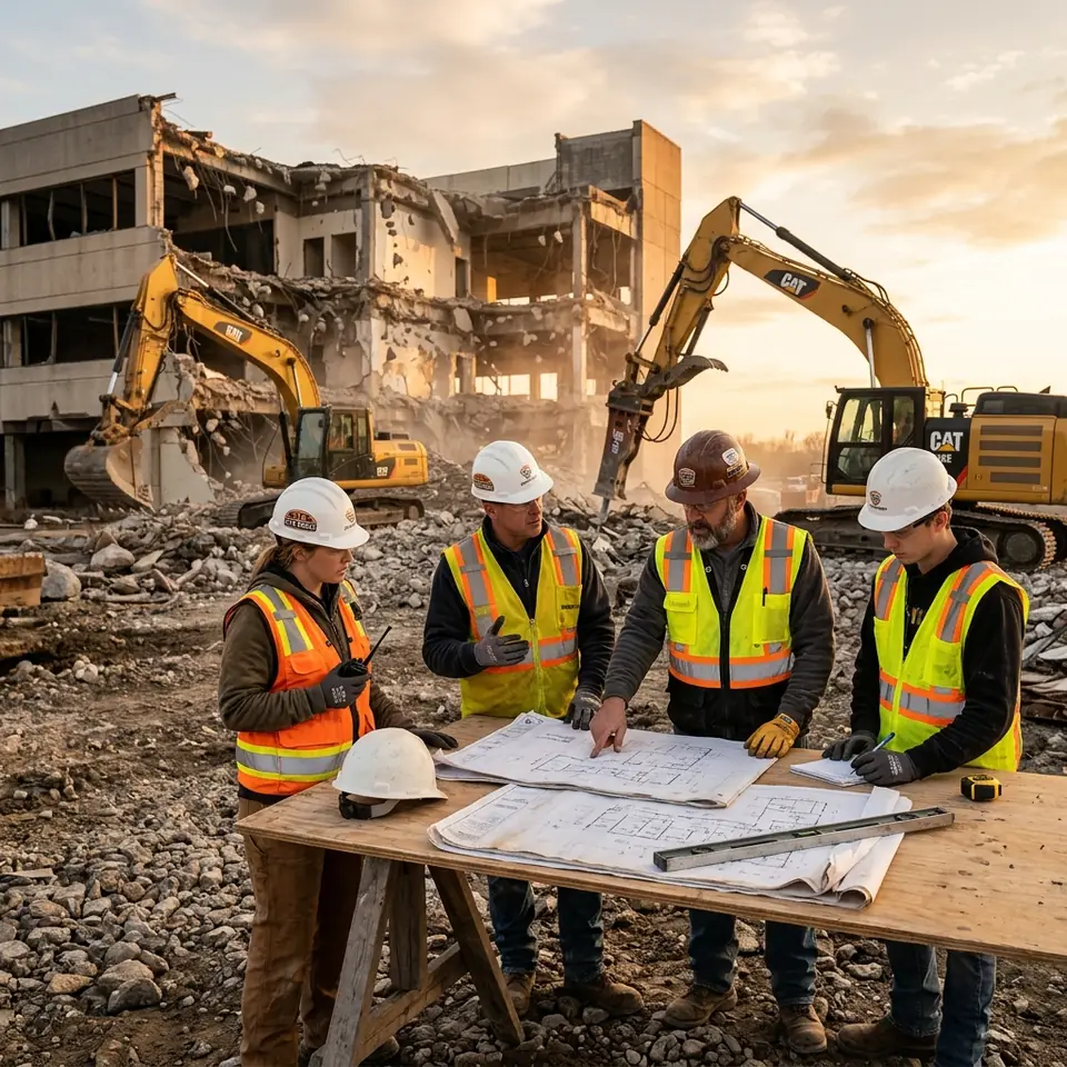 Demolition team analyzing blueprints at construction site
