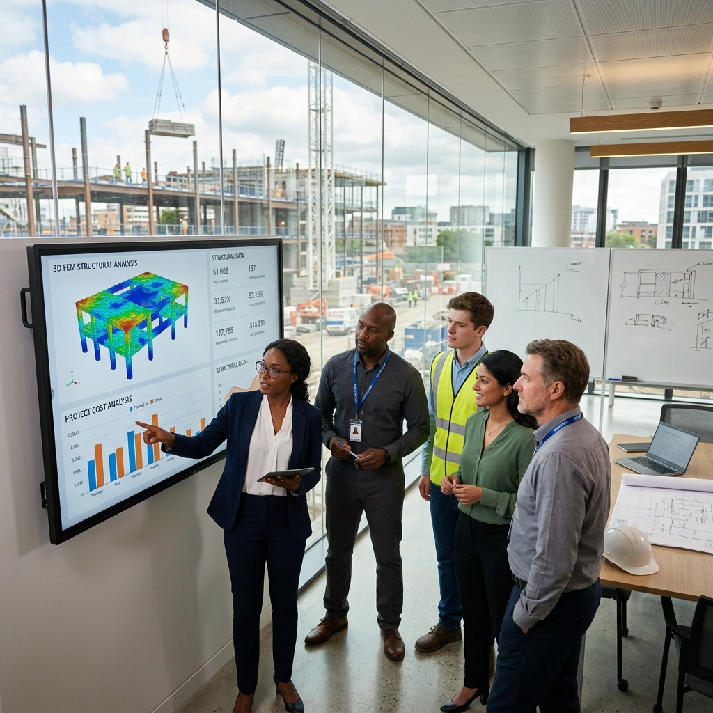 Команда инженеров проверяет структурный анализ данные